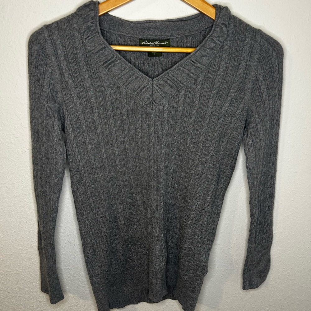 Eddie Bauer Gray V-Neck Cable Knit Sweater